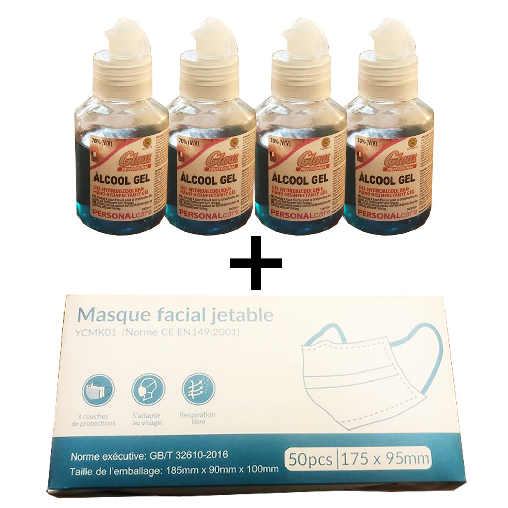 Kit Hygiène Essentiel : 4 Gels Hydro-Alcoolique 100 ml + 50 Masques Jetables