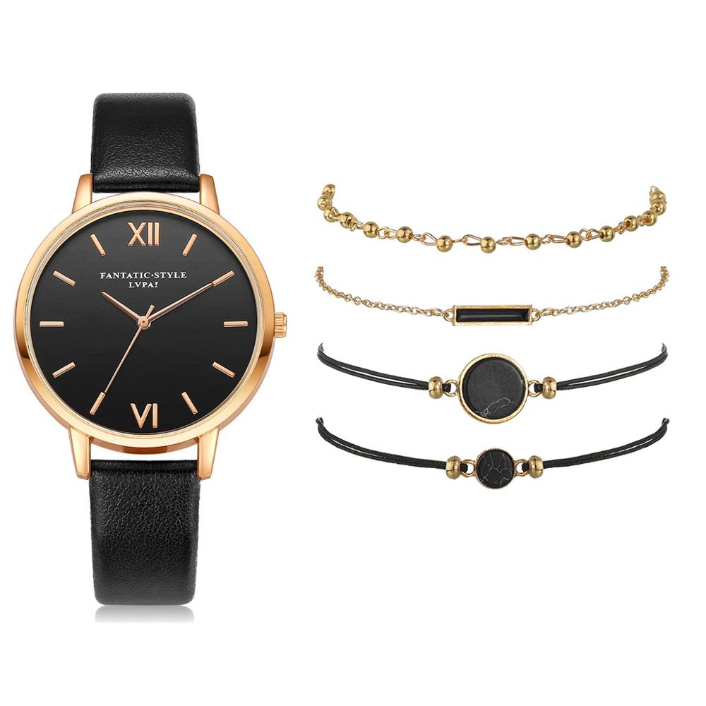 Montre élégante à quartz pour femme avec bracelet en cuir et 4 modèles interchangeables