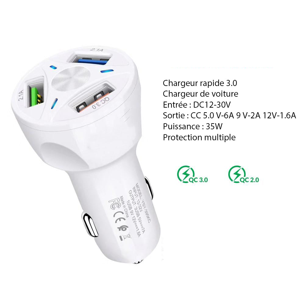 Chargeur voiture 3 ports USB ultra-rapide 30W pour tous vos appareils
