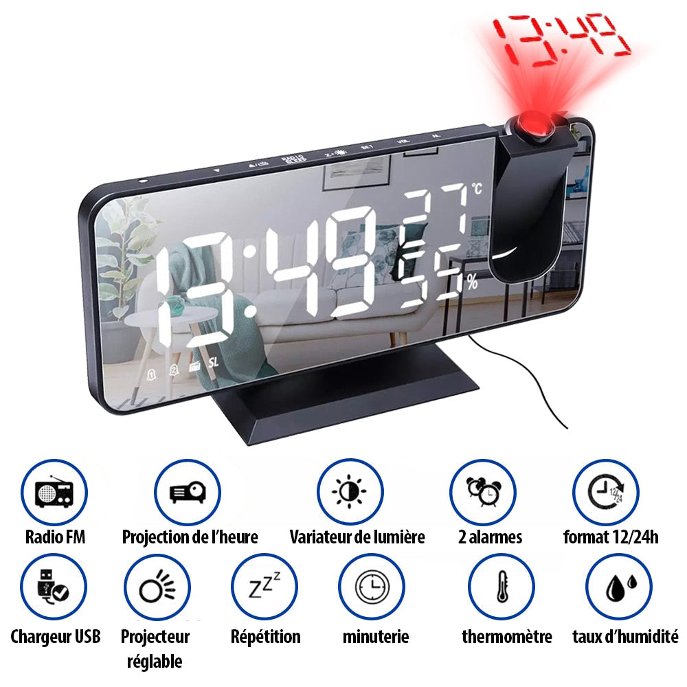 Réveil Projection Numérique LED avec Thermomètre et Radio FM