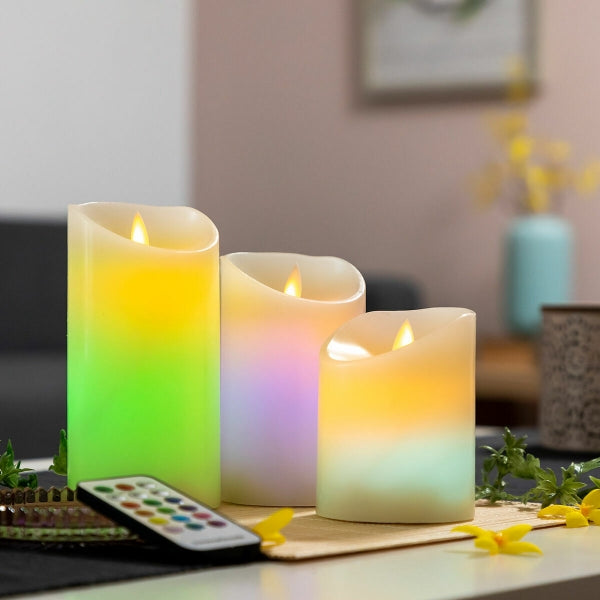 Lot de 3 bougies effet flamme multicolores avec télécommande