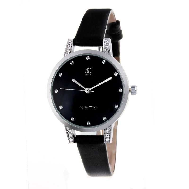 Montre Élégante Julia en Cuir Noir et Cristaux Autrichiens