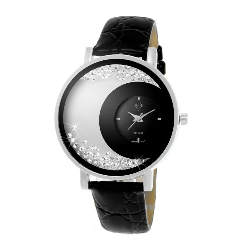 Montre Luna Élégante en Cuir Noir et Cristaux Scintillants