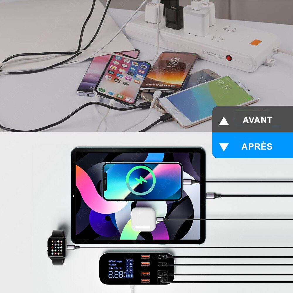 Station de recharge USB 8 ports ultra-rapide avec écran LED