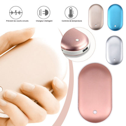 Chauffe-mains 2 en 1 rechargeable : chaleur et recharge à portée de main.