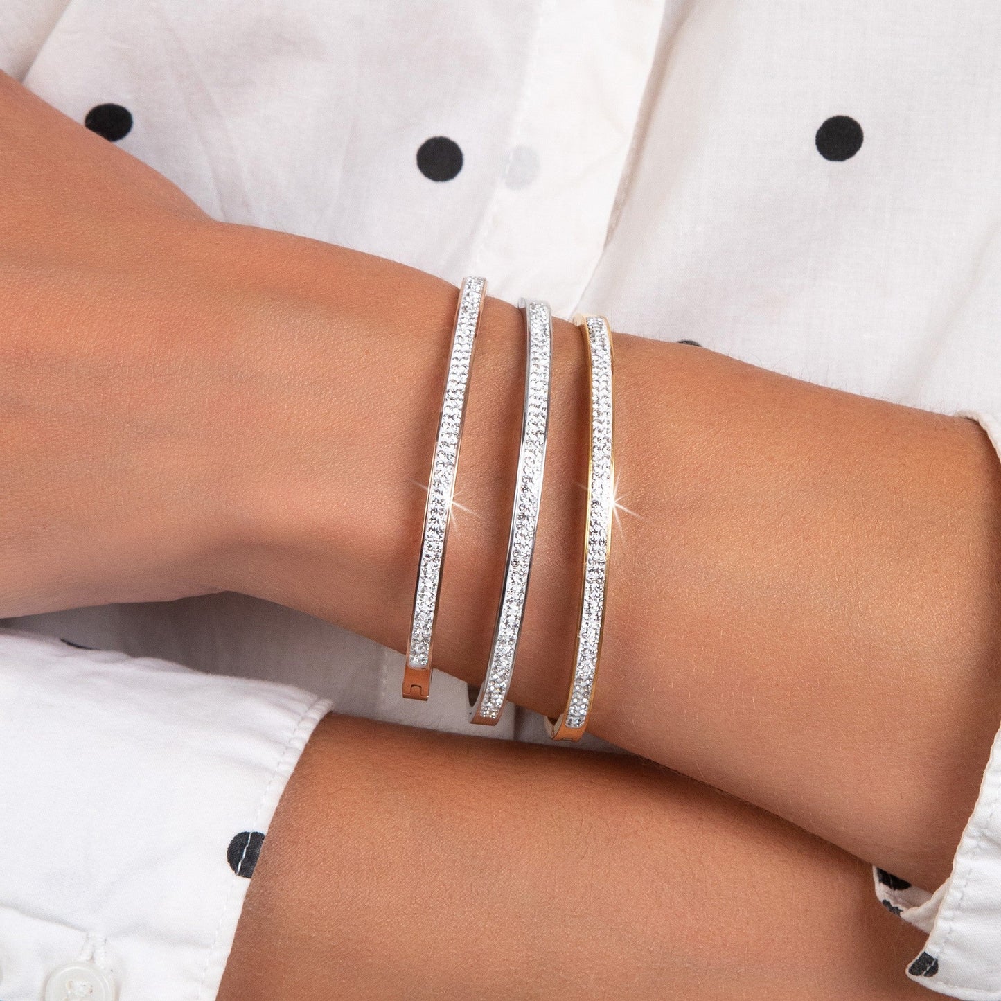 Trio de Bracelets en Acier Inoxydable Plaqué Argent avec Cristaux Scintillants