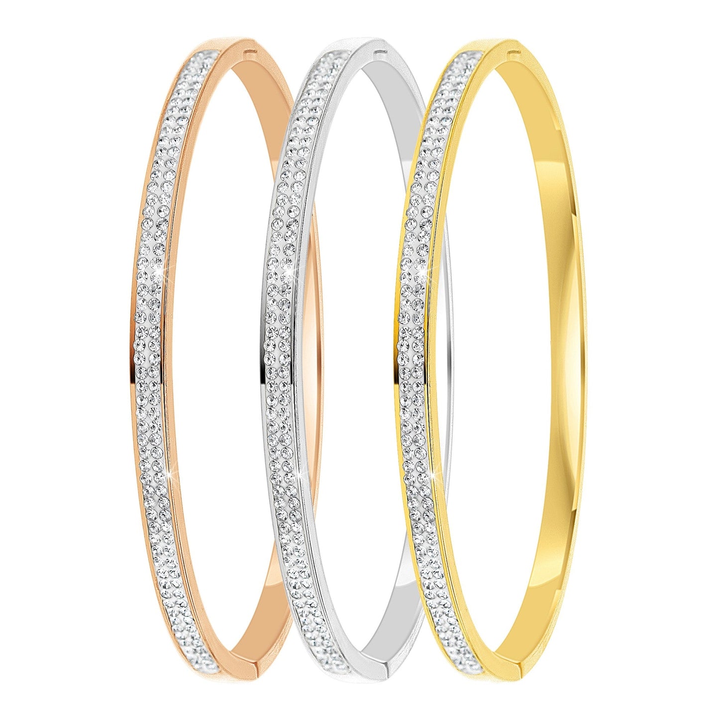 Trio de Bracelets en Acier Inoxydable Plaqué Argent avec Cristaux Scintillants