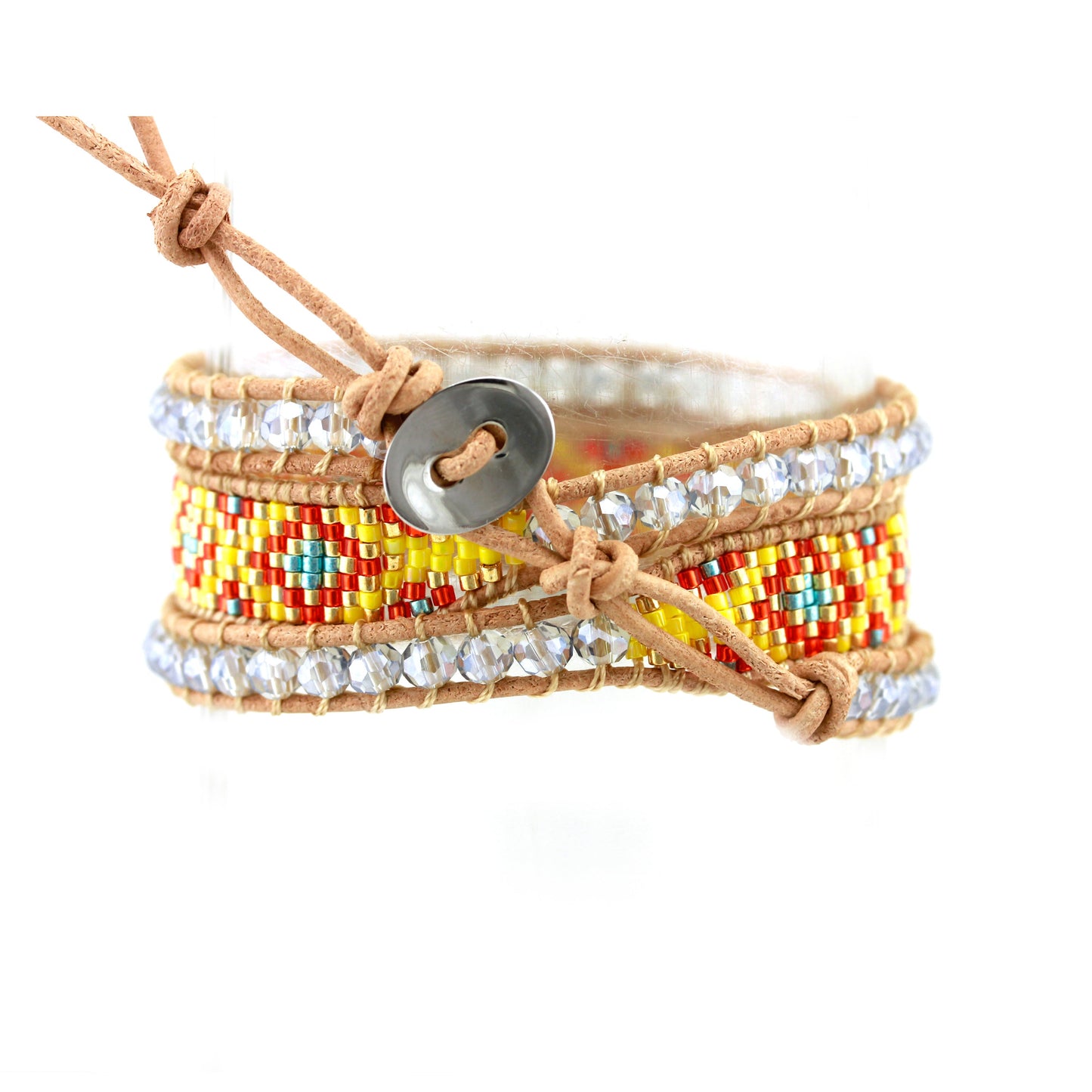 Bracelet Ethnique Edyna en Cuir et Métal Rhodié avec Perles de Miyuki