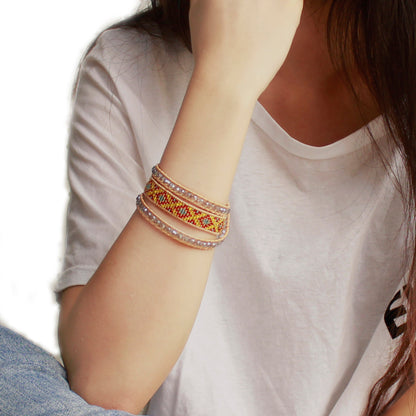 Bracelet Ethnique Edyna en Cuir et Métal Rhodié avec Perles de Miyuki