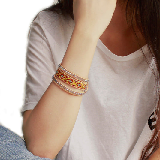 Bracelet Ethnique Edyna en Cuir et Métal Rhodié avec Perles de Miyuki