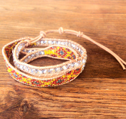 Bracelet Ethnique Edyna en Cuir et Métal Rhodié avec Perles de Miyuki