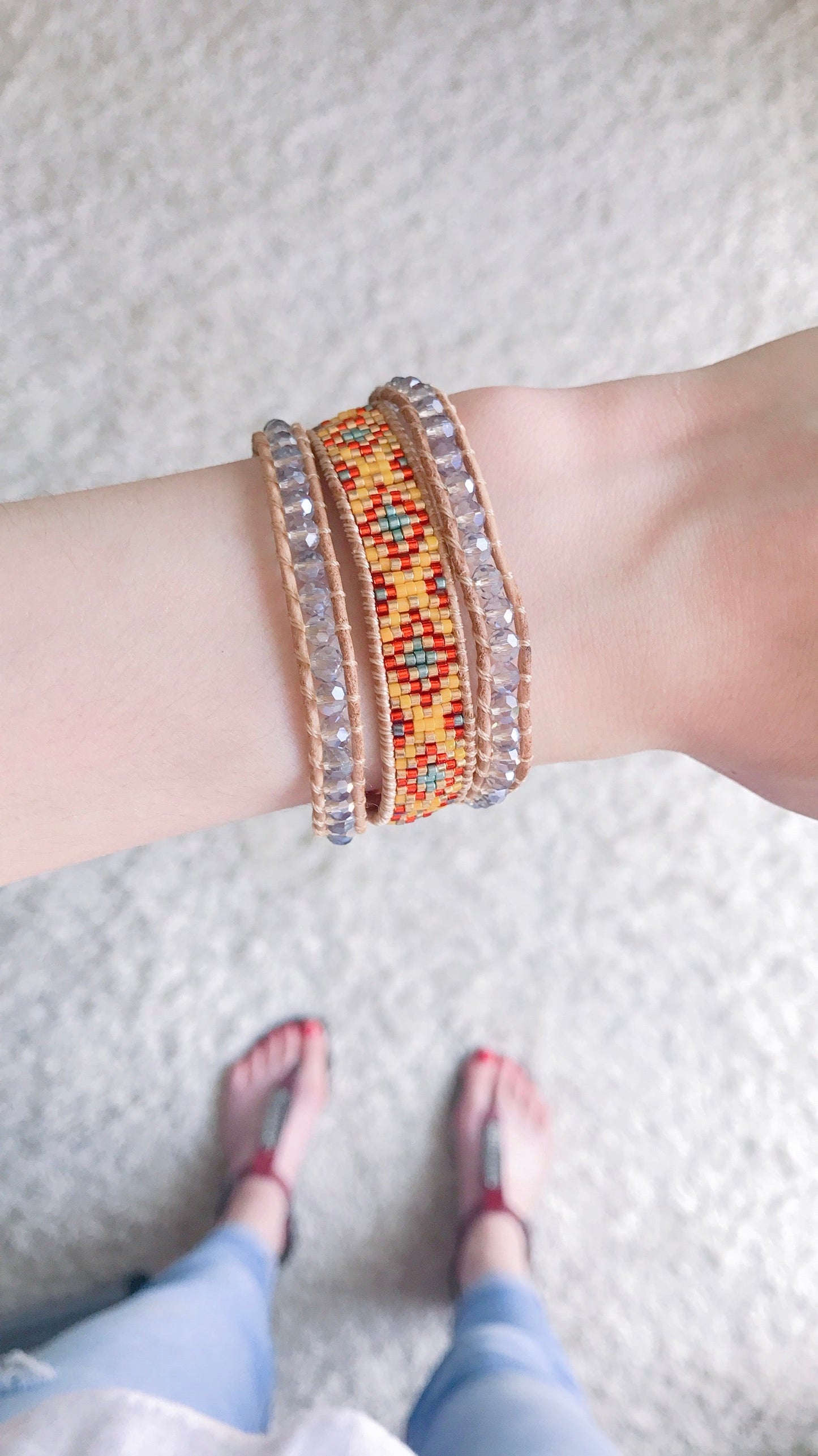 Bracelet Ethnique Edyna en Cuir et Métal Rhodié avec Perles de Miyuki