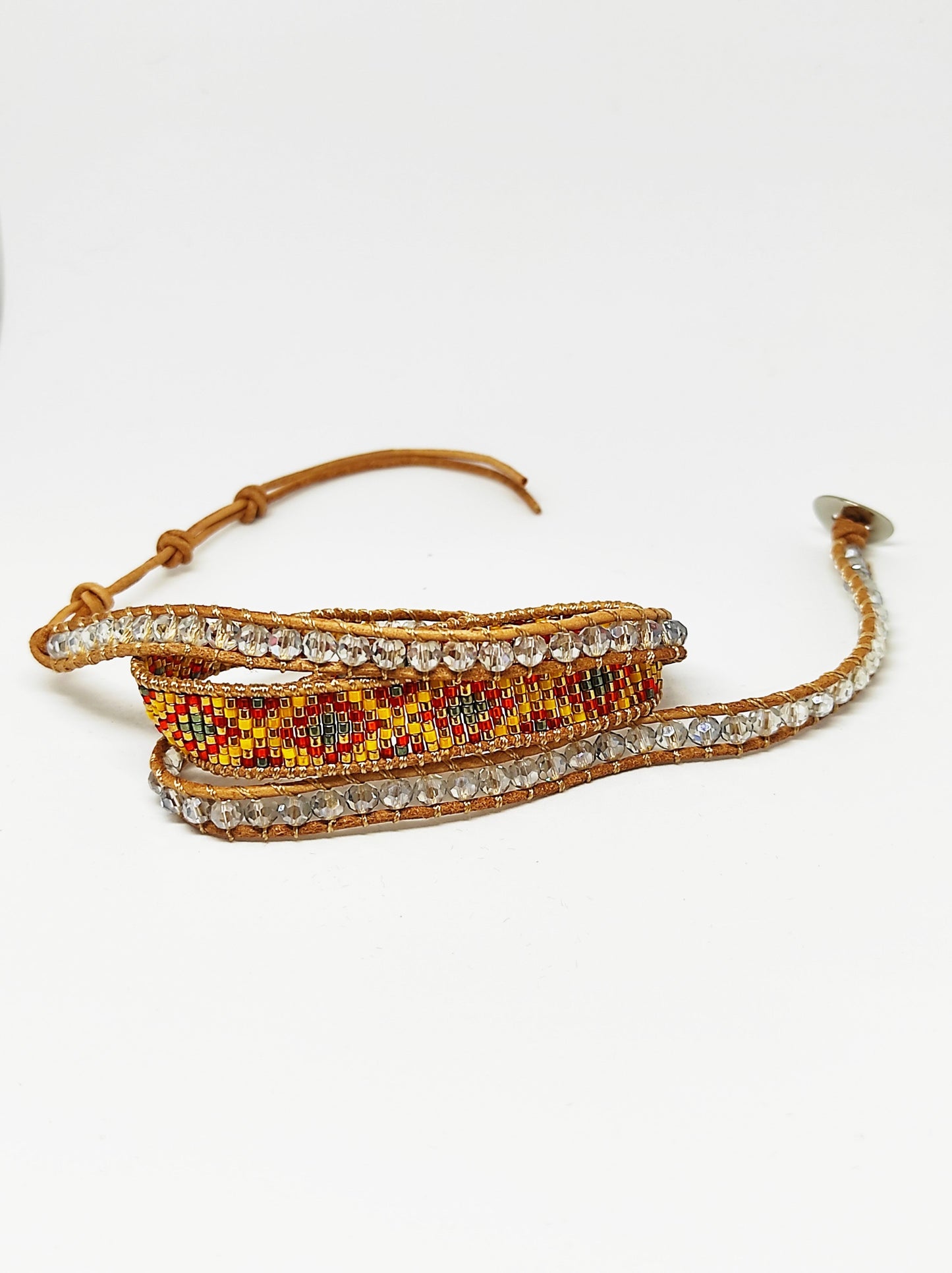 Bracelet Ethnique Edyna en Cuir et Métal Rhodié avec Perles de Miyuki