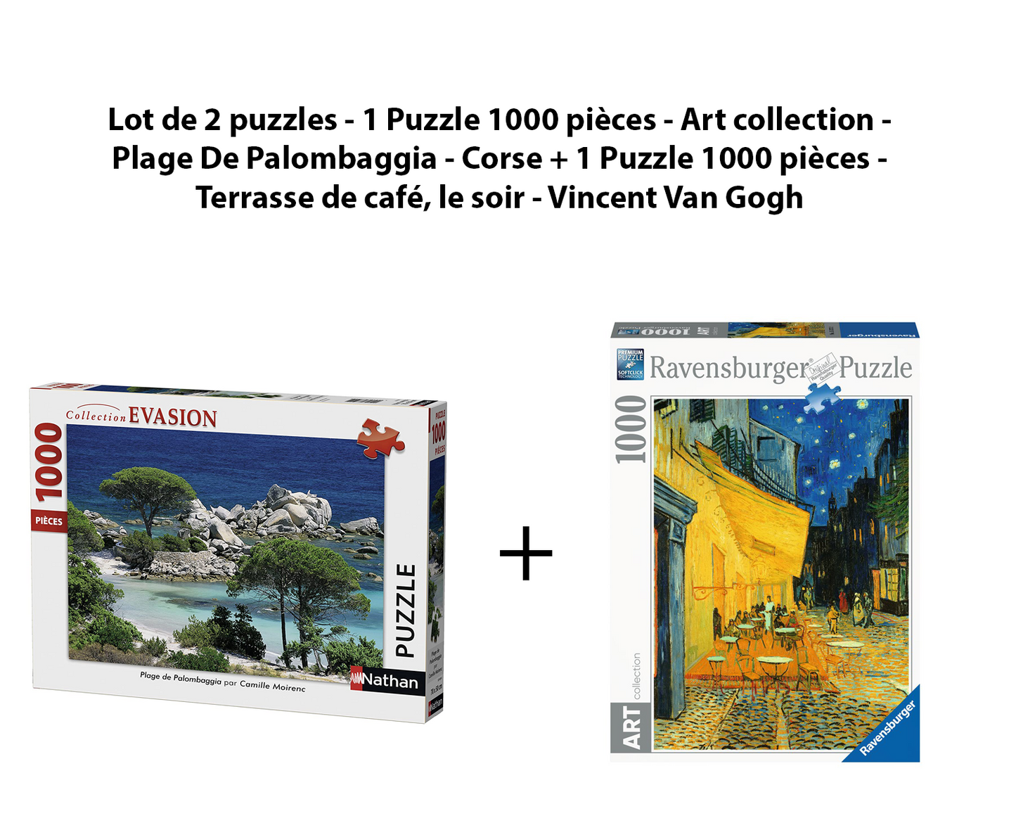 Lot de 2 Puzzles 1000 pièces : Plage de Palombaggia et Terrasse de Café de Van Gogh