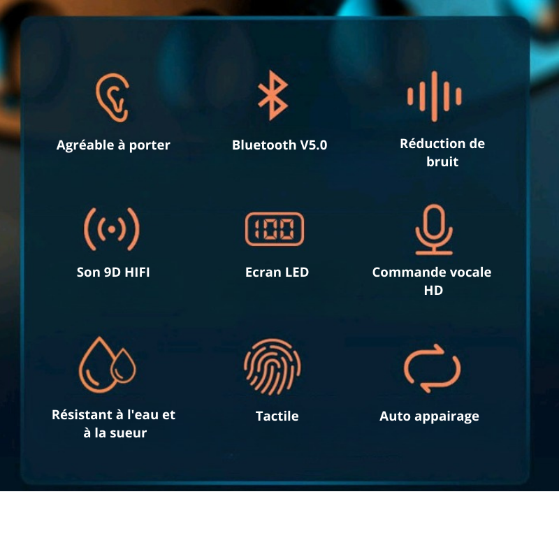 Écouteurs sans fil avec batterie externe intégrée et son 9D HiFi