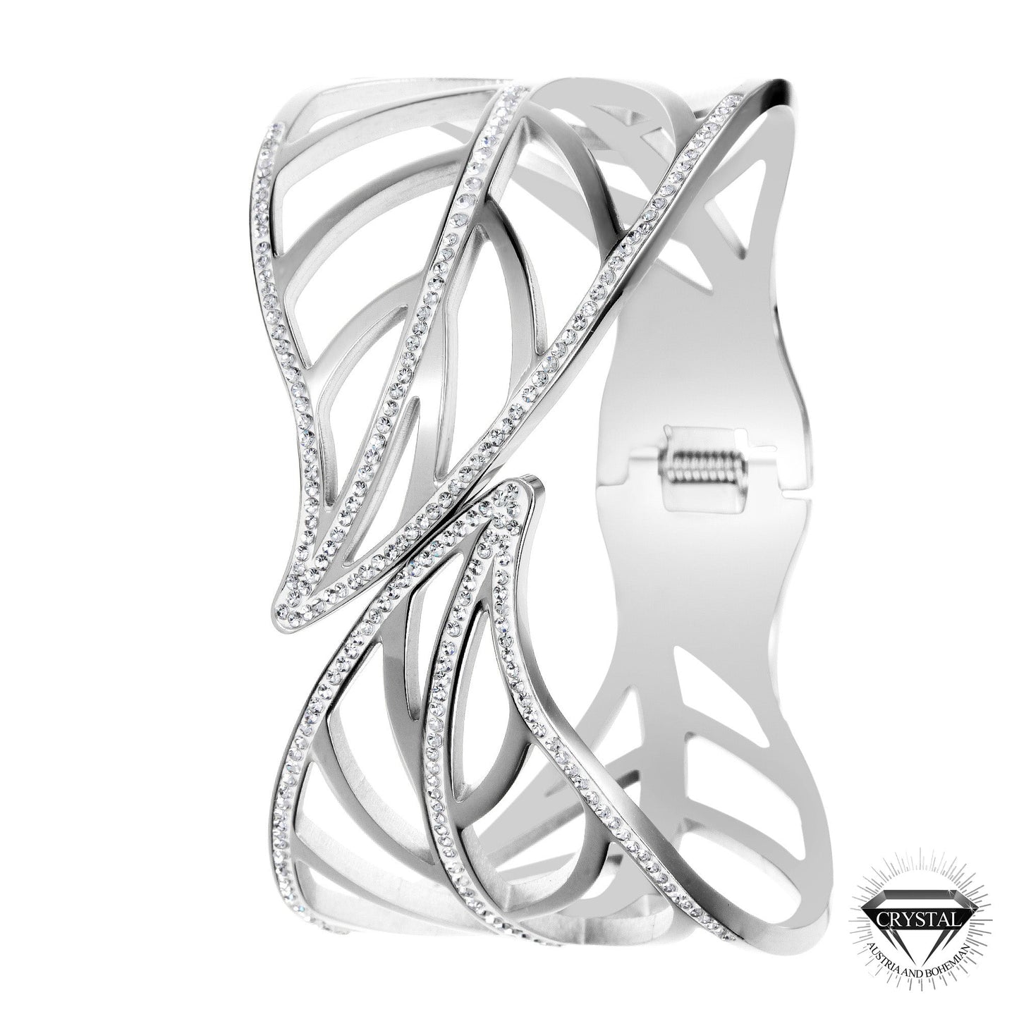 Bracelet Élégant en Acier Inoxydable avec Cristaux Bohèmes et Feuille Chic