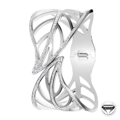 Bracelet Élégant en Acier Inoxydable avec Cristaux Bohèmes et Feuille Chic