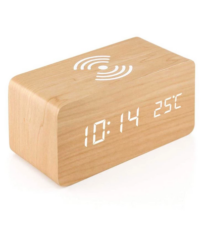 Réveil LED en bambou avec chargeur sans fil pour smartphone