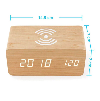 Réveil LED en bambou avec chargeur sans fil pour smartphone
