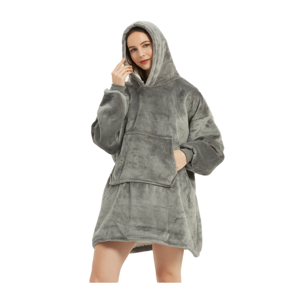 Sweat-Plaid Polaire Oversized avec Capuche et Poche en Peluche