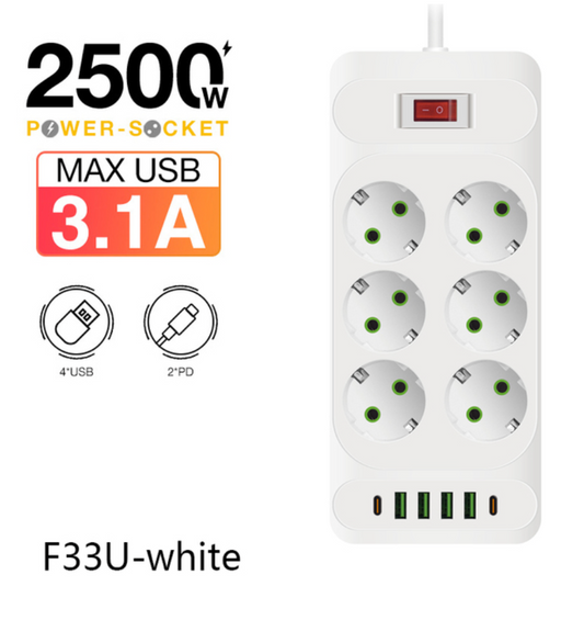 Multiprise Multifonctionnelle 6 Prises + 4 USB + 1 Type-C avec Chargeur Rapide