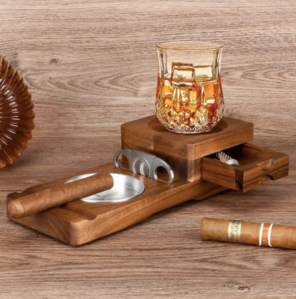 Cendrier à Cigares en Bois avec Dessous de Verre Assorti