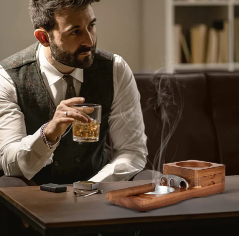 Cendrier à Cigares en Bois avec Dessous de Verre Assorti