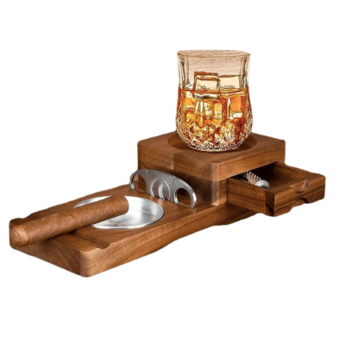 Cendrier à Cigares en Bois avec Dessous de Verre Assorti