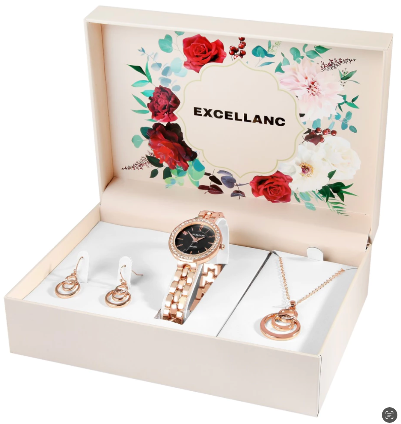Coffret cadeau Excellanc pour femme : Montre Strass, collier et boucles d'oreilles chic