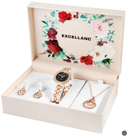 Coffret cadeau Excellanc pour femme : Montre Strass, collier et boucles d'oreilles chic