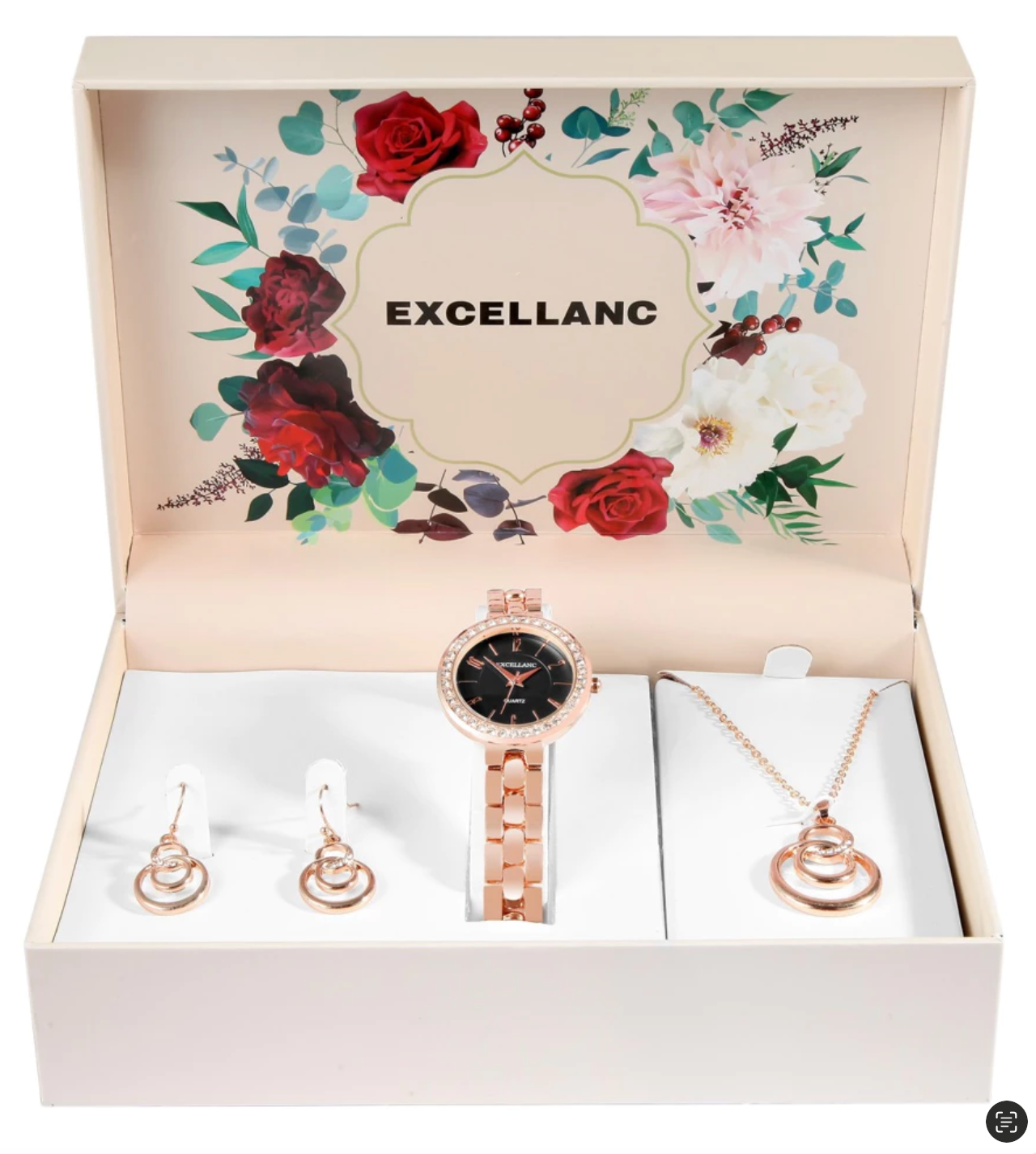 Coffret cadeau Excellanc pour femme : Montre Strass, collier et boucles d'oreilles chic