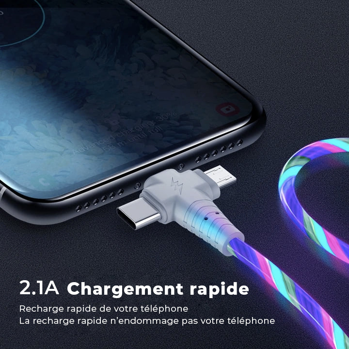 Câble de Recharge Lumineux 3 en 1 avec Charge Rapide