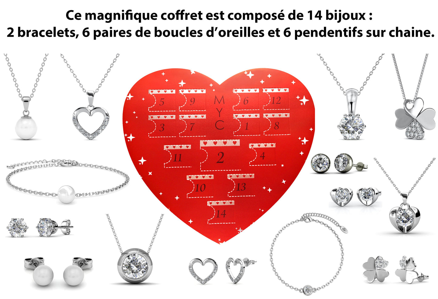 Coffret Cadeau Je T'aime : 14 Bijoux en Cristaux Autrichiens Éblouissants