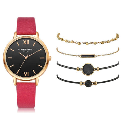Montre élégante à quartz pour femme avec bracelet en cuir et 4 modèles interchangeables