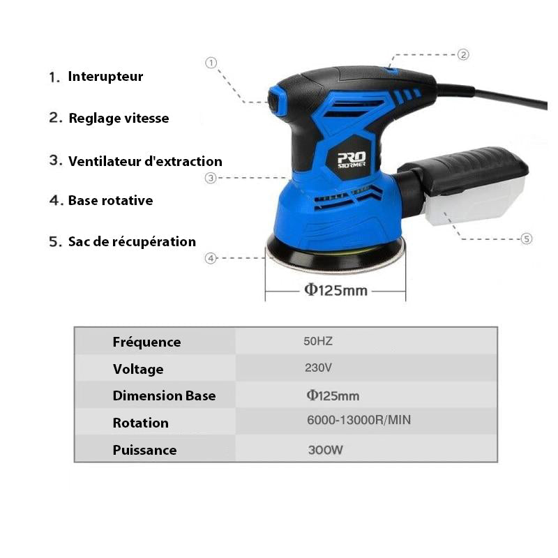 Ponceuse électrique à rotation aléatoire 300W avec 21 papiers abrasifs