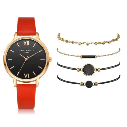 Montre élégante à quartz pour femme avec bracelet en cuir et 4 modèles interchangeables