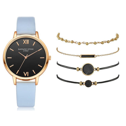 Montre élégante à quartz pour femme avec bracelet en cuir et 4 modèles interchangeables