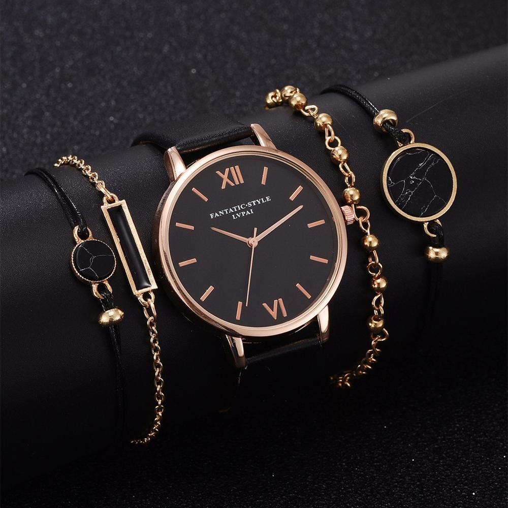 Montre élégante à quartz pour femme avec bracelet en cuir et 4 modèles interchangeables