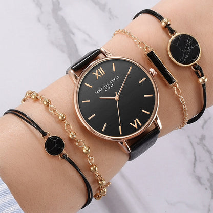 Montre élégante à quartz pour femme avec bracelet en cuir et 4 modèles interchangeables
