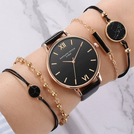 Montre élégante à quartz pour femme avec bracelet en cuir et 4 modèles interchangeables