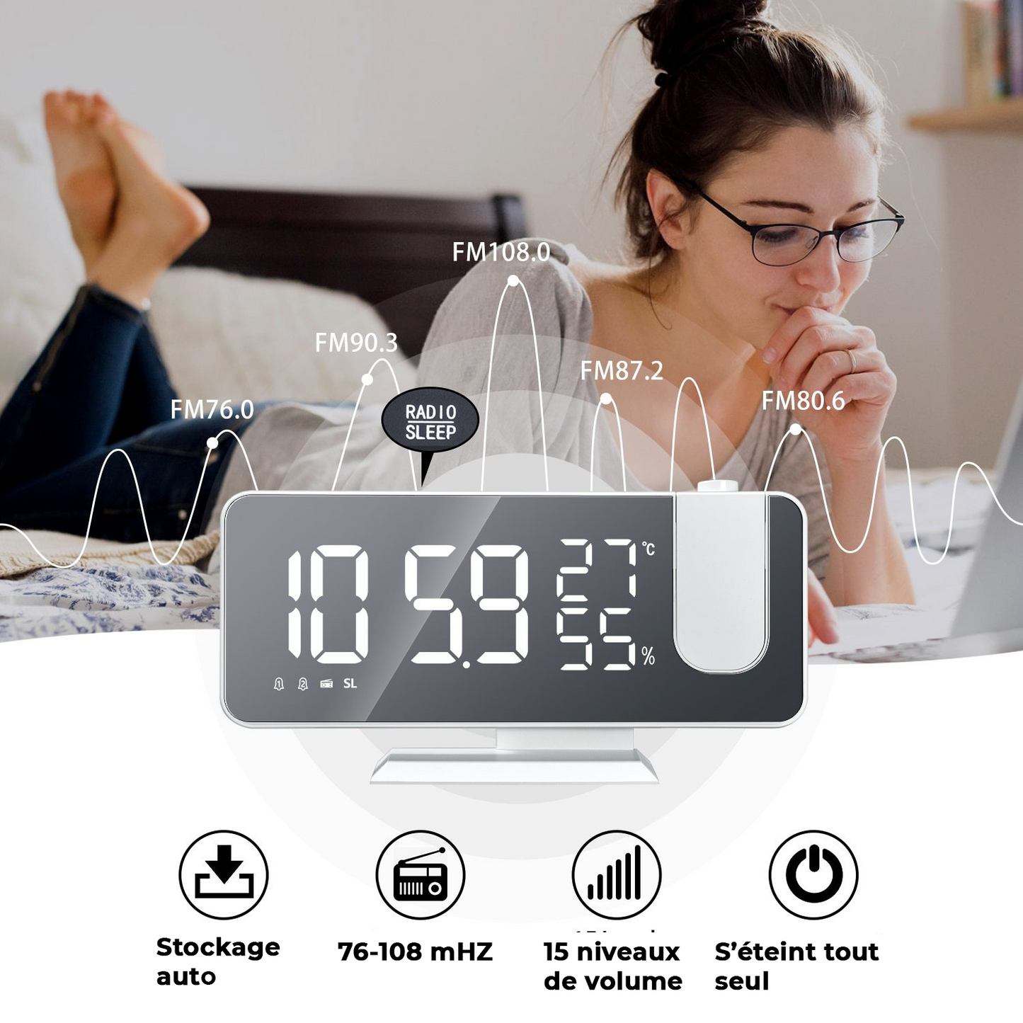 Réveil numérique multifonctions avec projection et radio