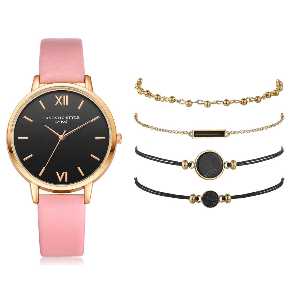 Montre élégante à quartz pour femme avec bracelet en cuir et 4 modèles interchangeables