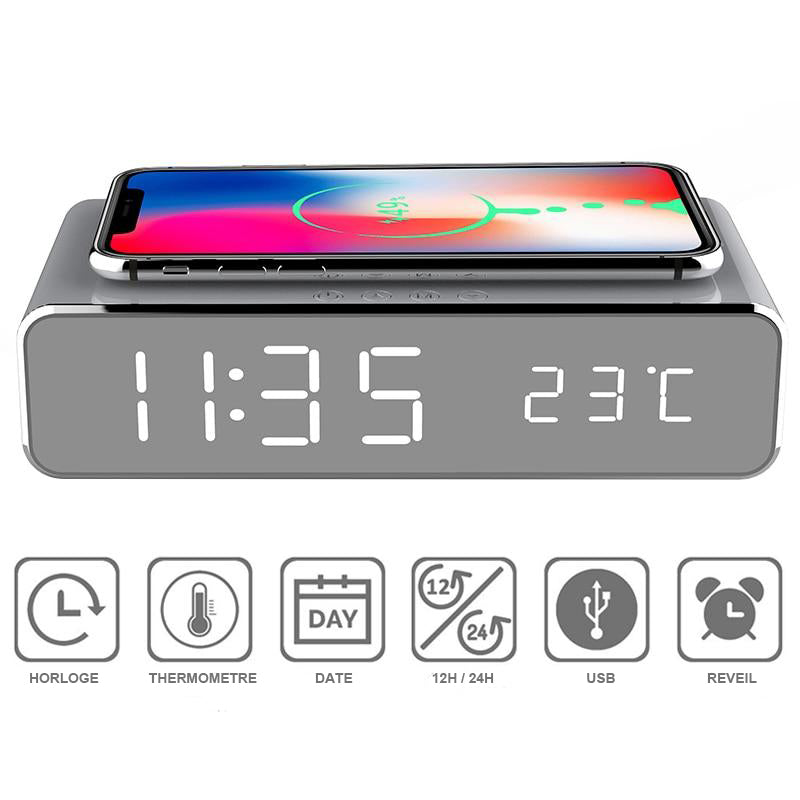 Réveil LED Élégant avec Chargeur Wireless Intégré pour tous vos appareils