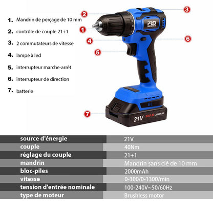 Perceuse électrique sans fil 21V - Puissante et pratique pour tous vos projets de bricolage