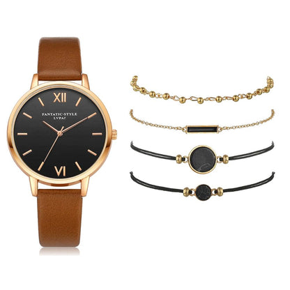 Montre élégante à quartz pour femme avec bracelet en cuir et 4 modèles interchangeables