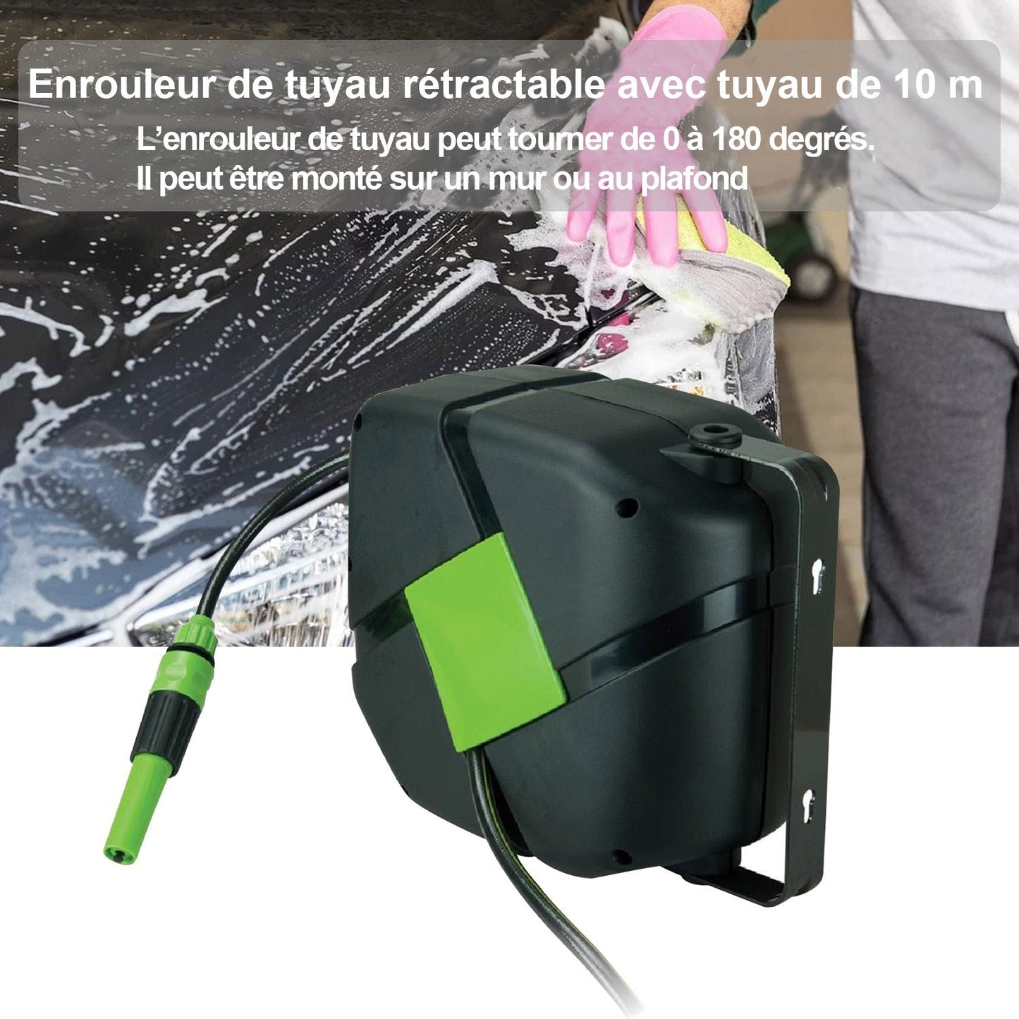 Enrouleur de tuyau rétractable 10 mètres avec support mural