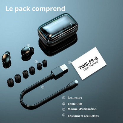 Écouteurs sans fil avec batterie externe intégrée et son 9D HiFi