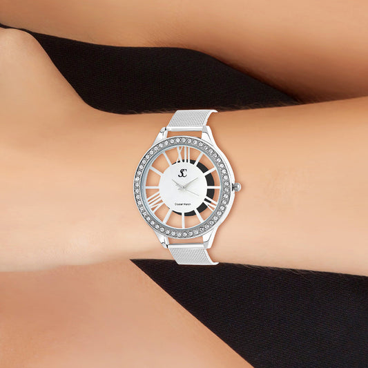 Montre en laiton ornée de 48 cristaux de bohème et bracelet en cuir noir