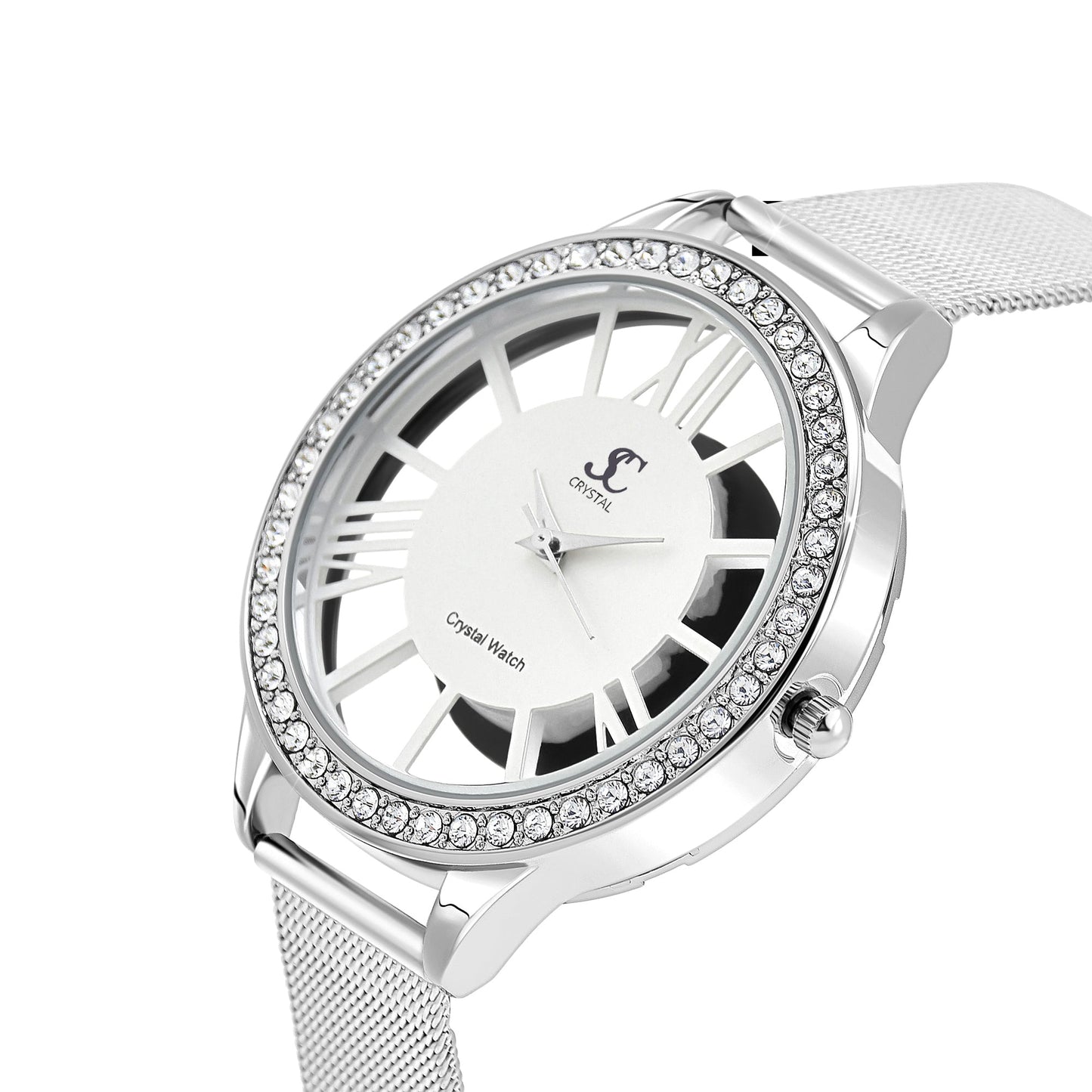 Montre en laiton ornée de 48 cristaux de bohème et bracelet en cuir noir