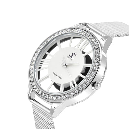 Montre en laiton ornée de 48 cristaux de bohème et bracelet en cuir noir